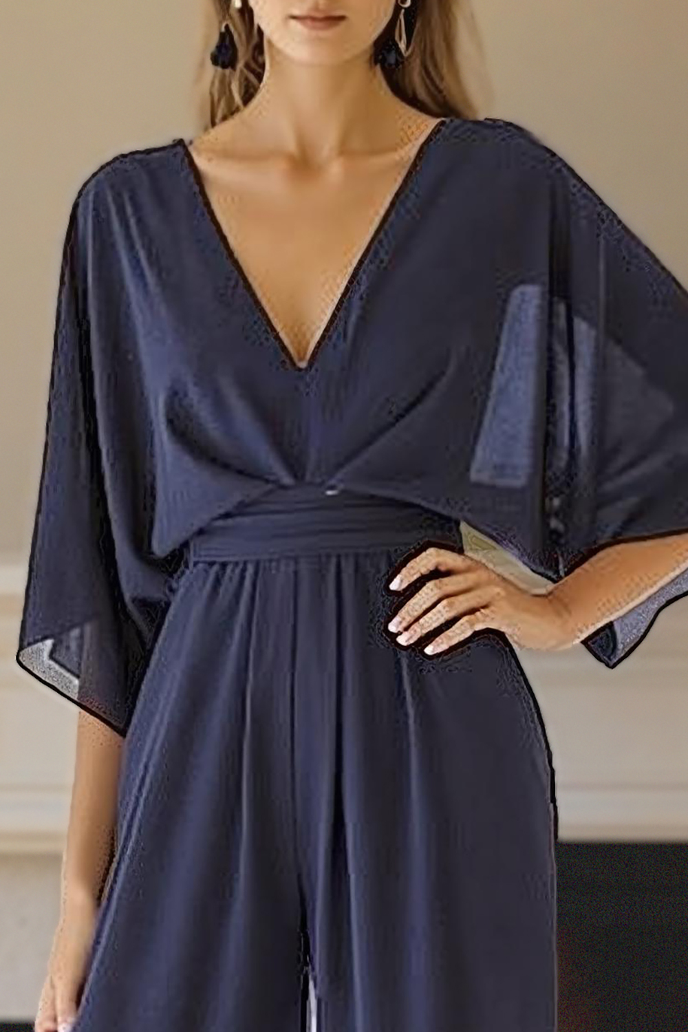 Navy V-Neck Chiffon Floor-Length Mother of the Bride Jumpsuits with Sleeves