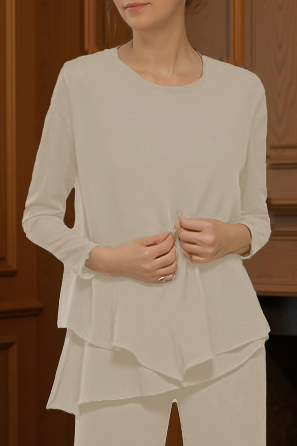 Black Round Neck Chiffon 3-Piece Mother of the Bride Pant Suits with Sleeves