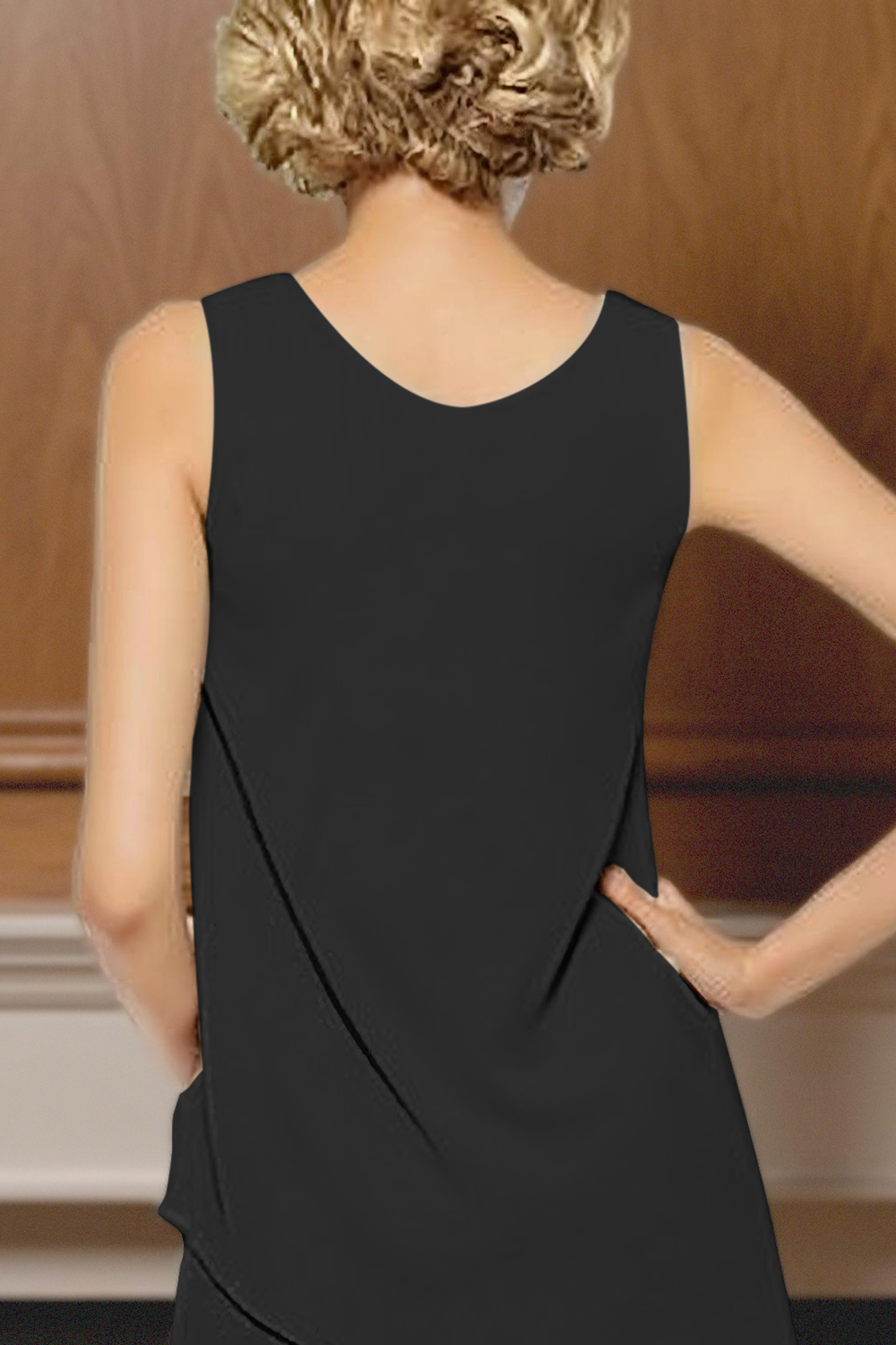 Black Round Neck Chiffon 3-Piece Mother of the Bride Pant Suits with Sleeves