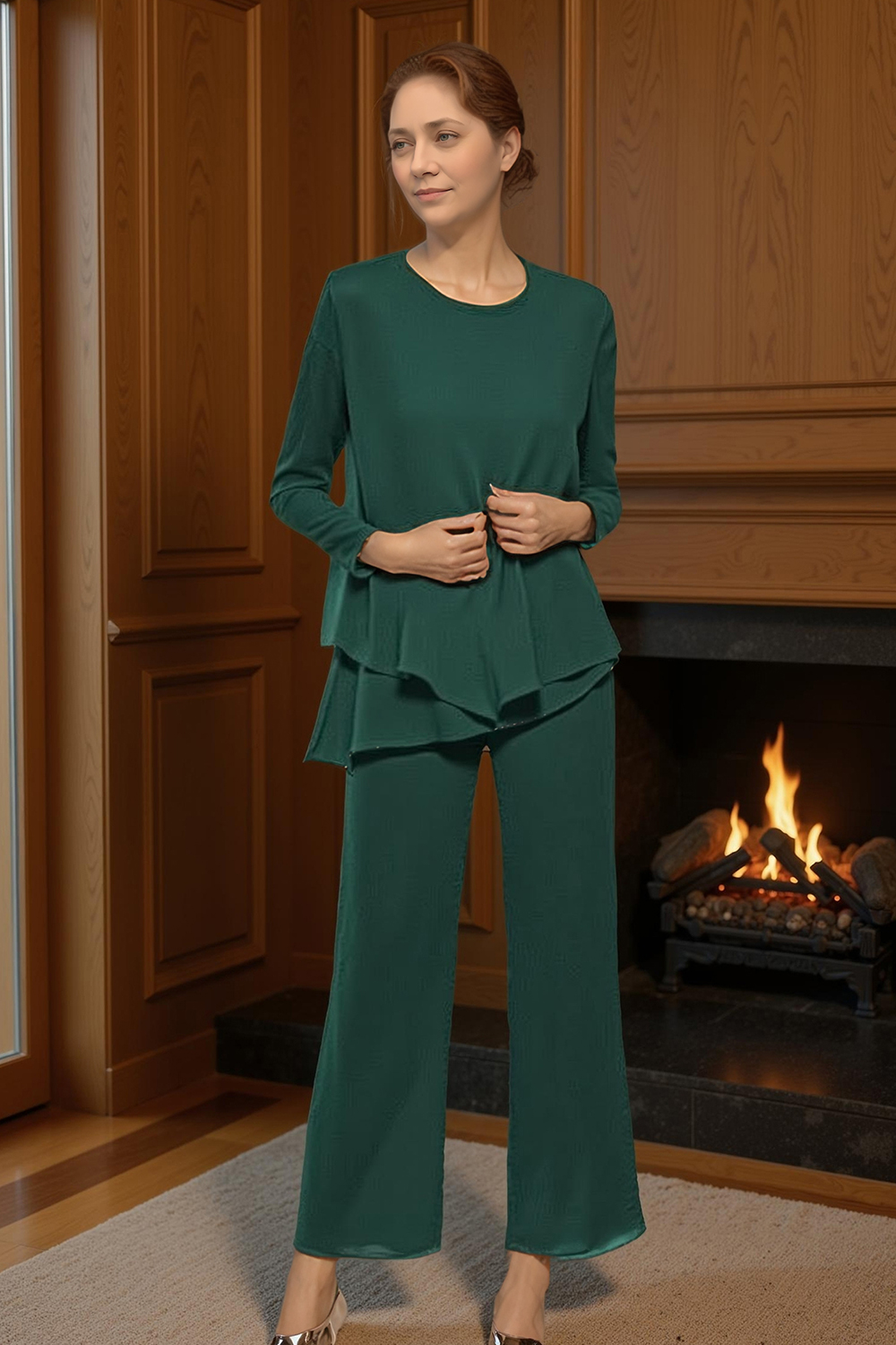 Black Round Neck Chiffon 3-Piece Mother of the Bride Pant Suits with Sleeves