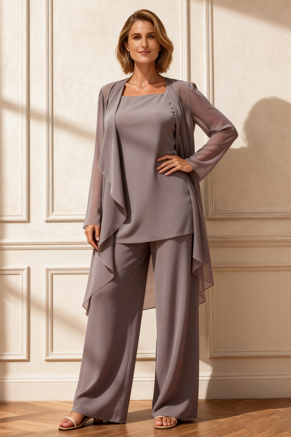 3-Piece Vintage Mauve Round Neck Satin Mother of the Bride Pant Suits with Jacket