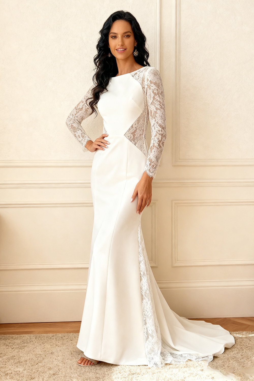 Ivory Mermaid Boat Neck Long Sleeves Mother of the Bride Dress with Lace