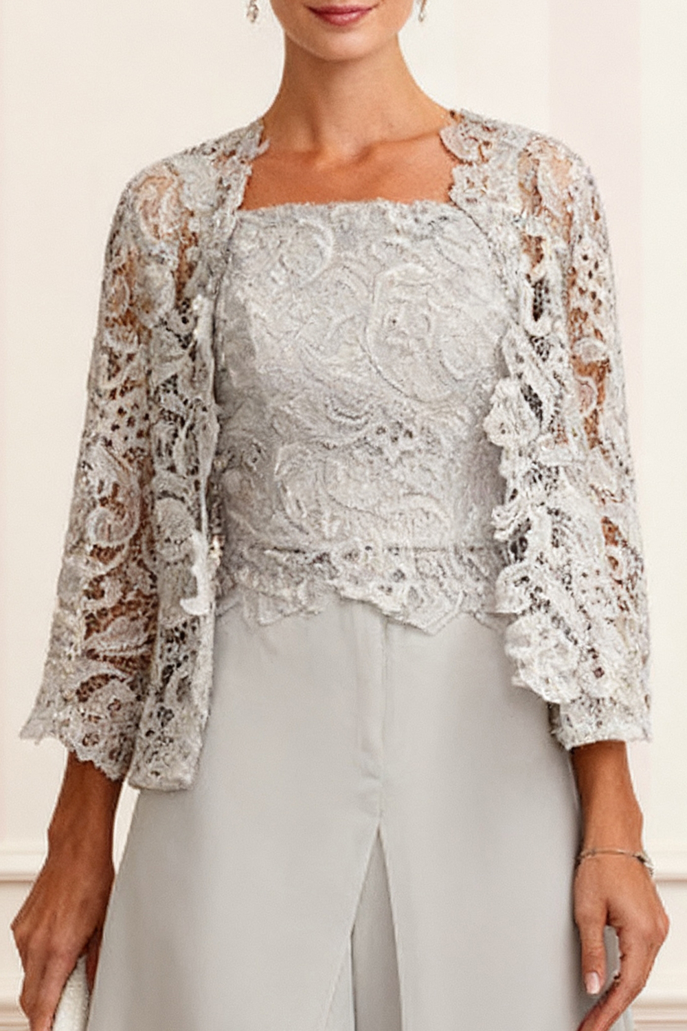 3-Piece Light Grey Chiffon Square Neck Mother of the Bride Pant Suits with Jacket