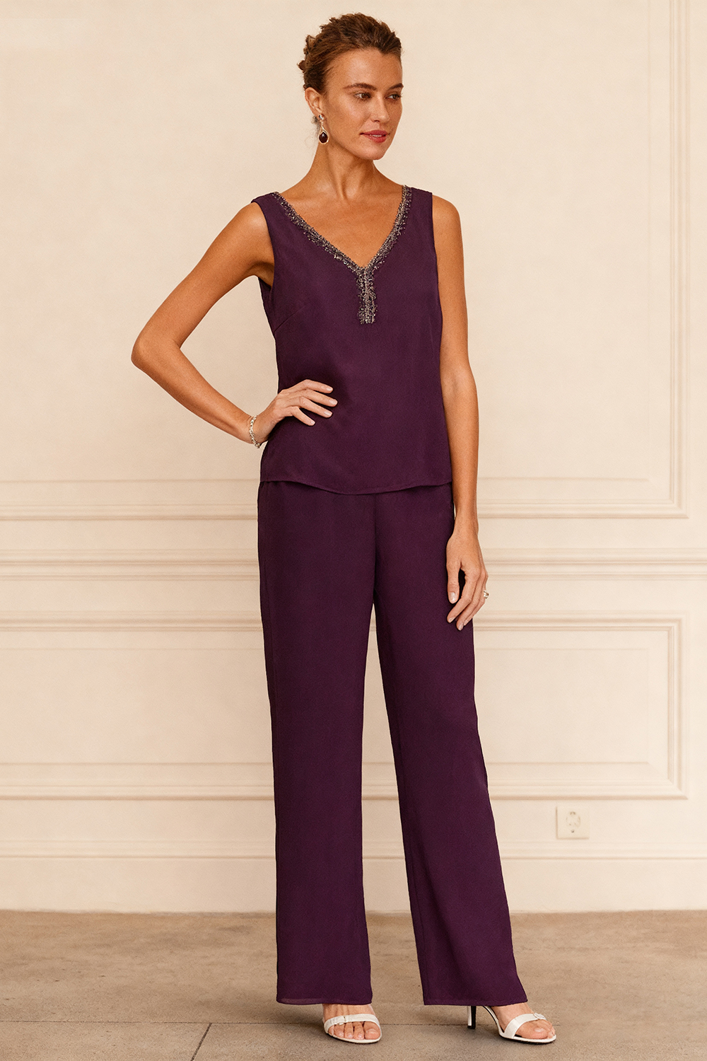 3-Piece Grape Chiffon V-Neck Mother of the Bride Pant Suits with Jacket