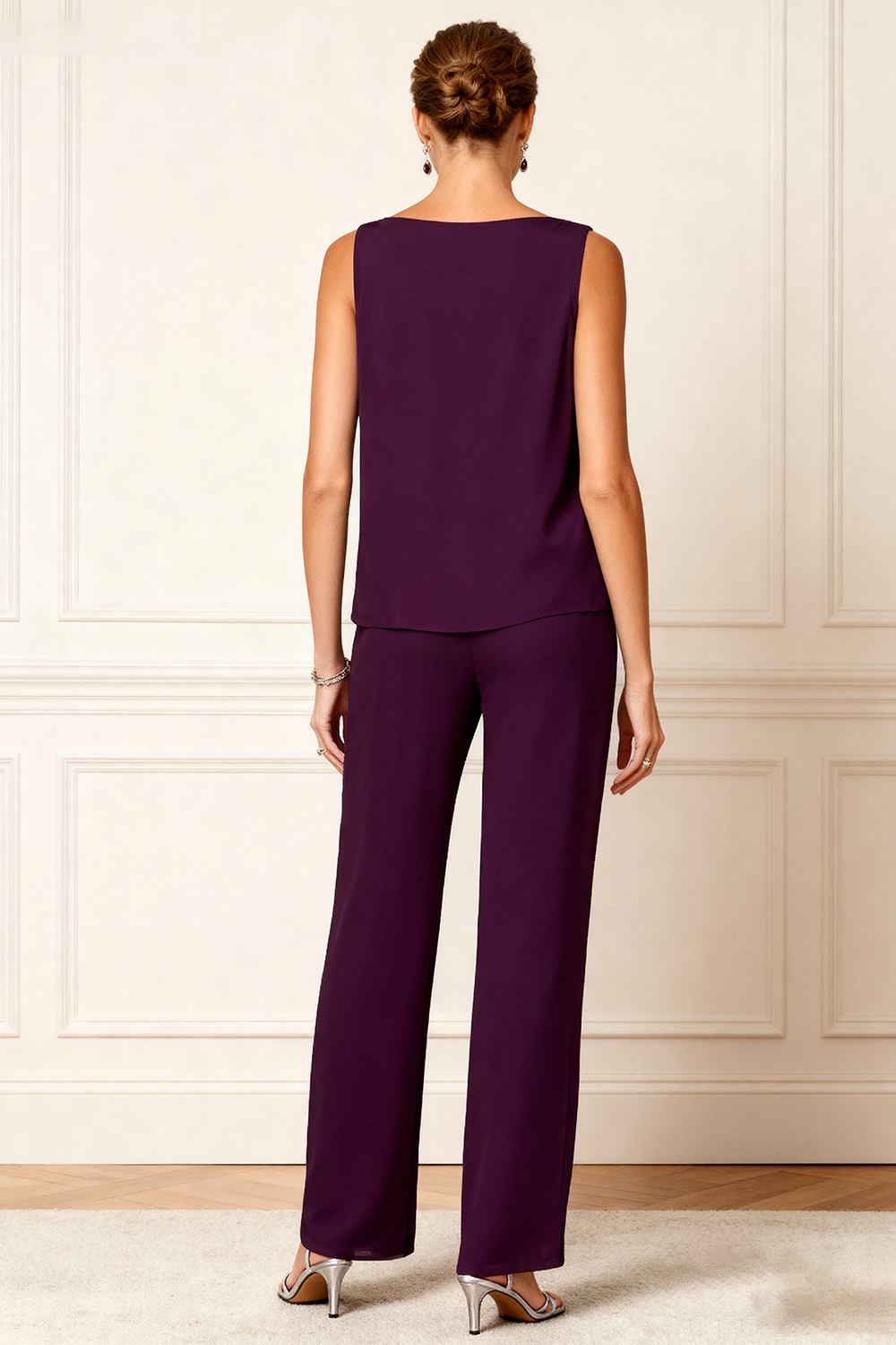 3-Piece Grape Chiffon V-Neck Mother of the Bride Pant Suits with Jacket