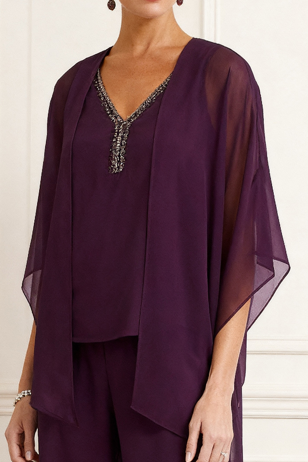 3-Piece Grape Chiffon V-Neck Mother of the Bride Pant Suits with Jacket