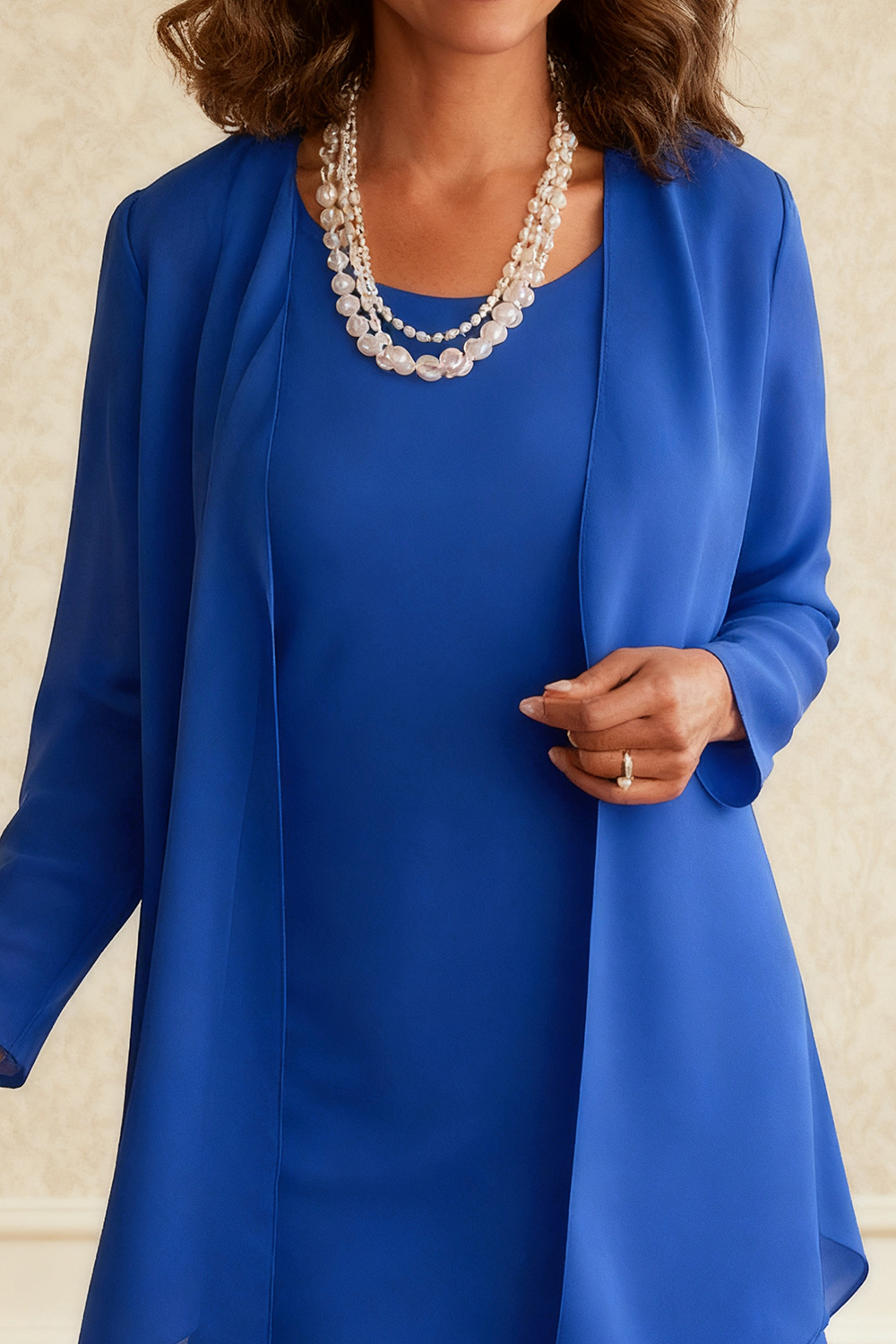 2-Piece Royal Blue Chiffon Scoop Neck Knee-Length Mother of the Bride Dress with Jacket