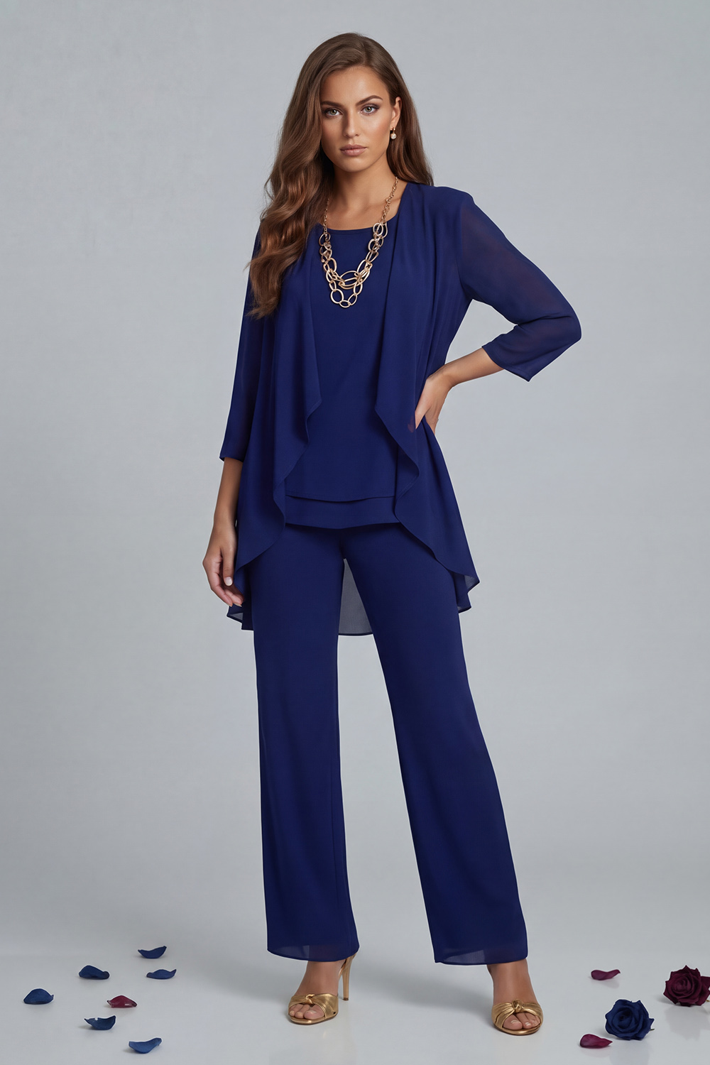 Dark Blue Round Neck Chiffon 3 Piece Mother of the Bride Pant Suits with Jacket