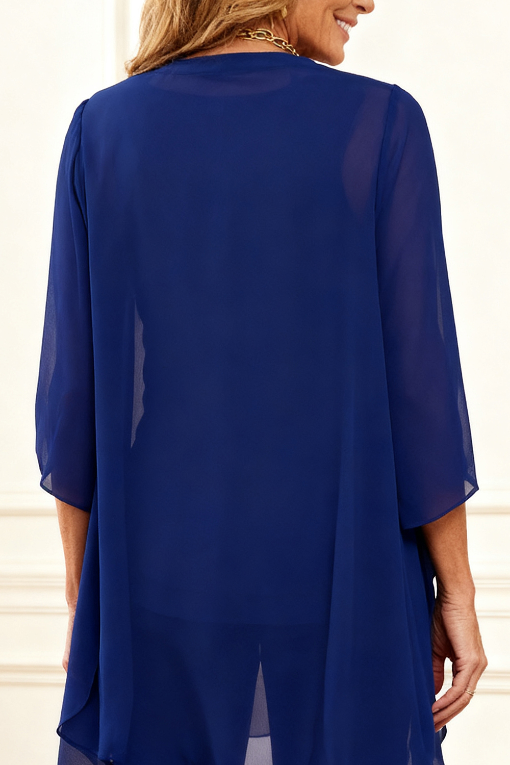 3-Piece Dark Blue Round Neck Chiffon Mother of the Bride Pant Suits with Jacket