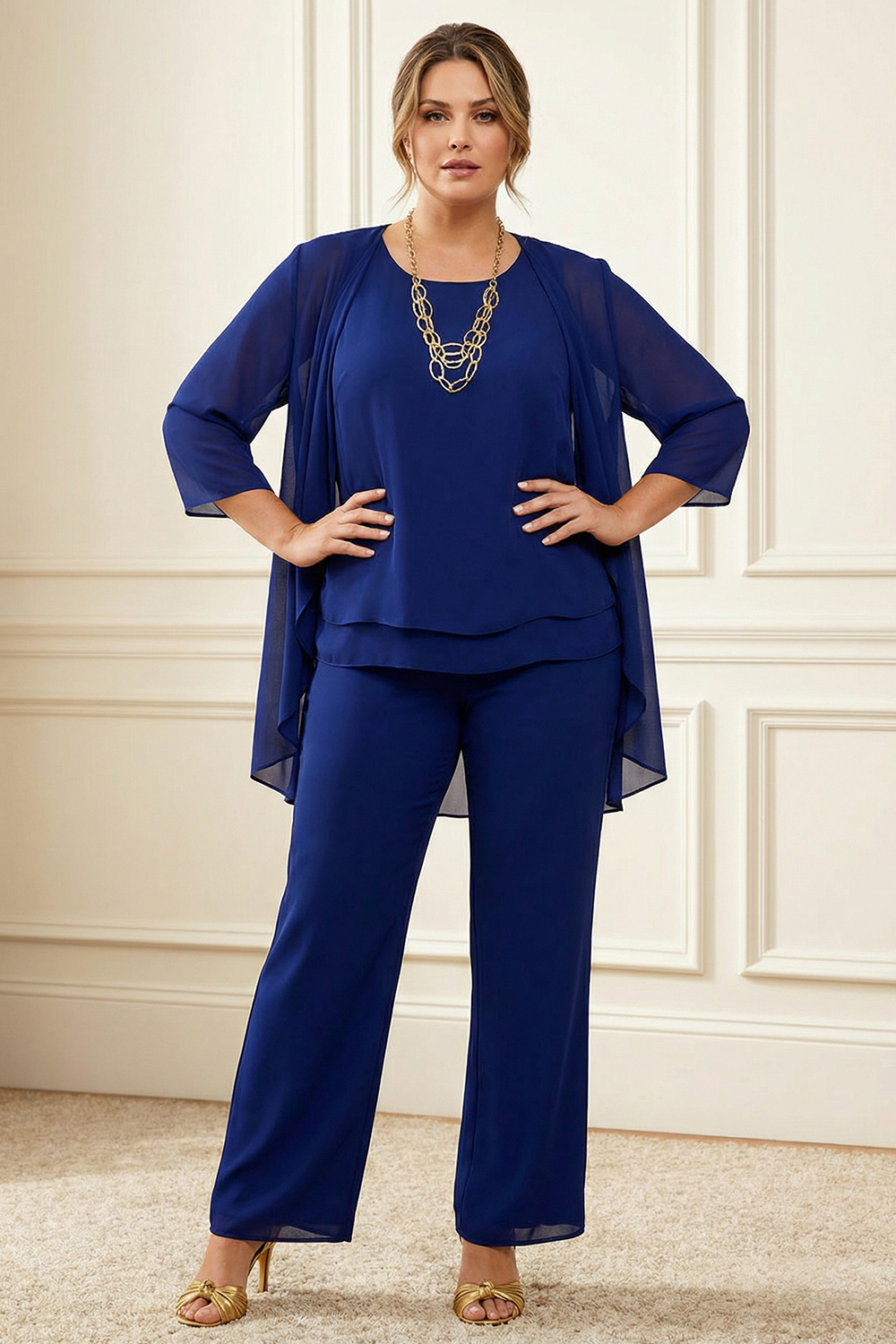 Dark Blue Round Neck Chiffon 3 Piece Mother of the Bride Pant Suits with Jacket