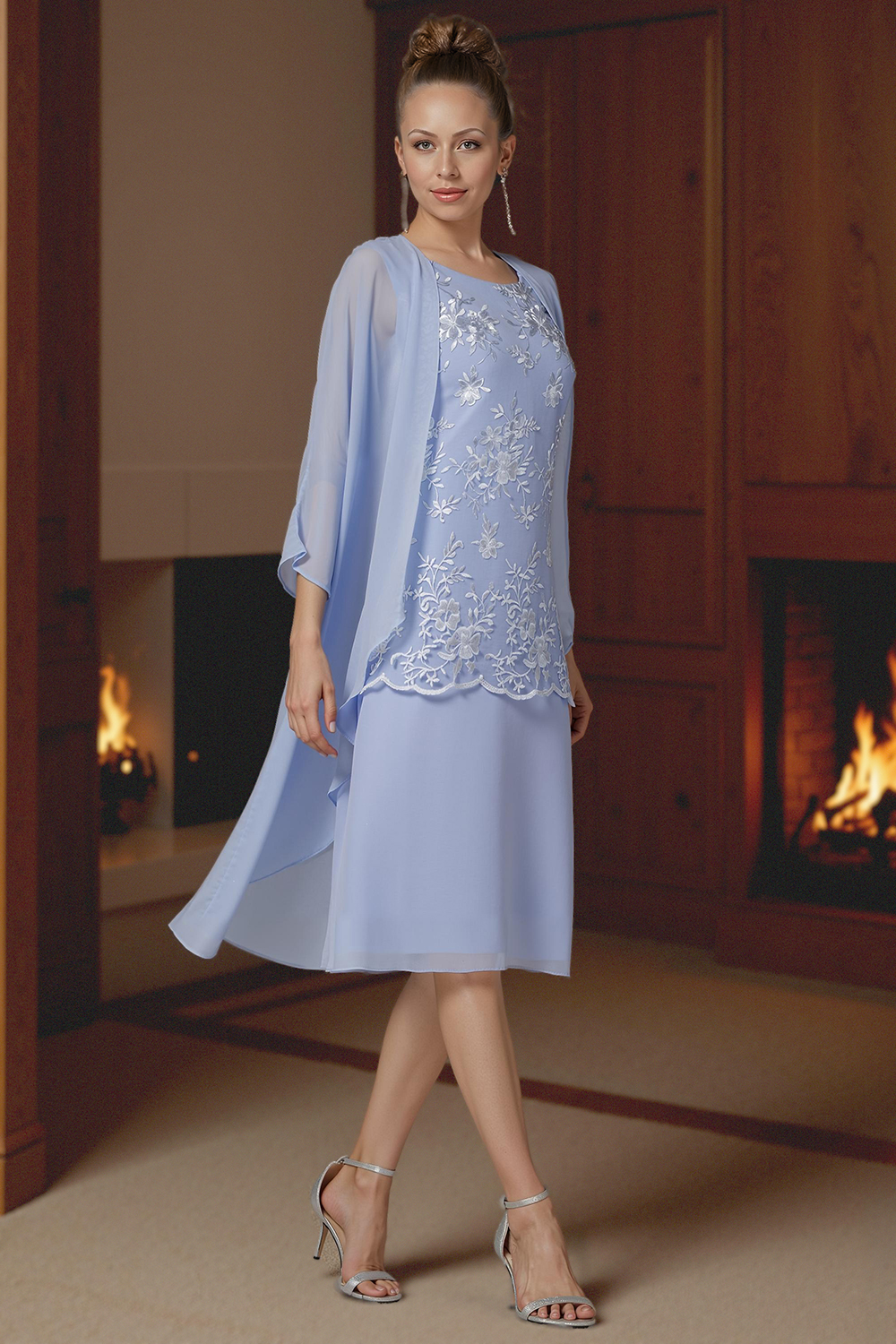 Light Blue Chiffon Boat Neck Midi 2-Piece Mother of the Bride Dress with Jacket