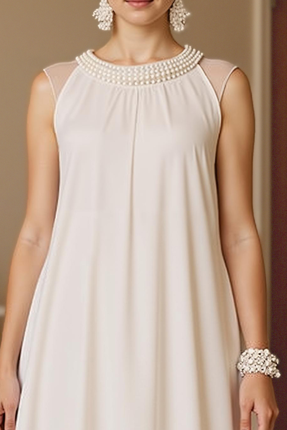 Sparkly Ivory Chiffon Round Neck Midi Mother of the Bride Dress with Pearls