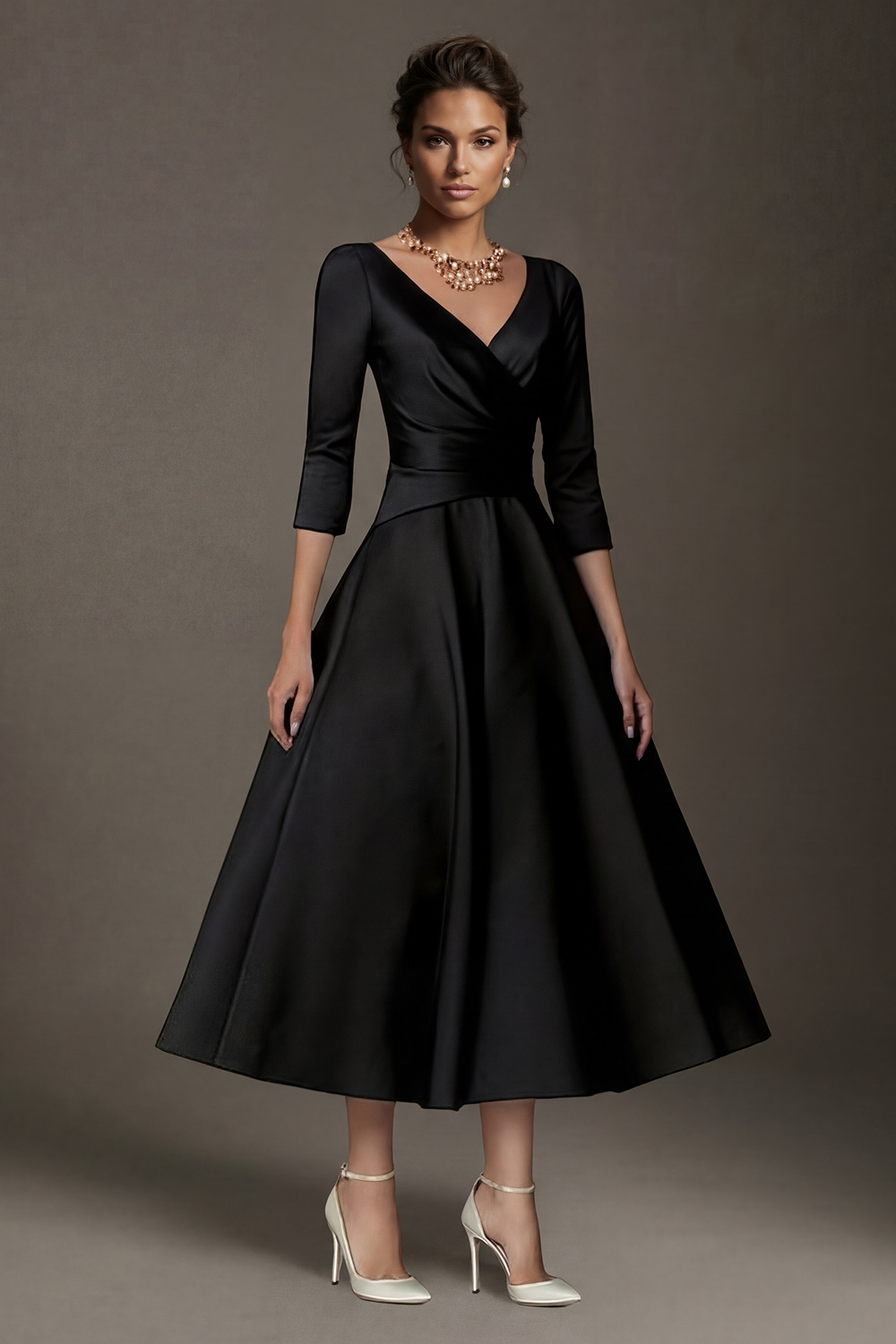 Champagne A-Line Ankle-Length Satin Mother of the Bride Dress with Sleeves