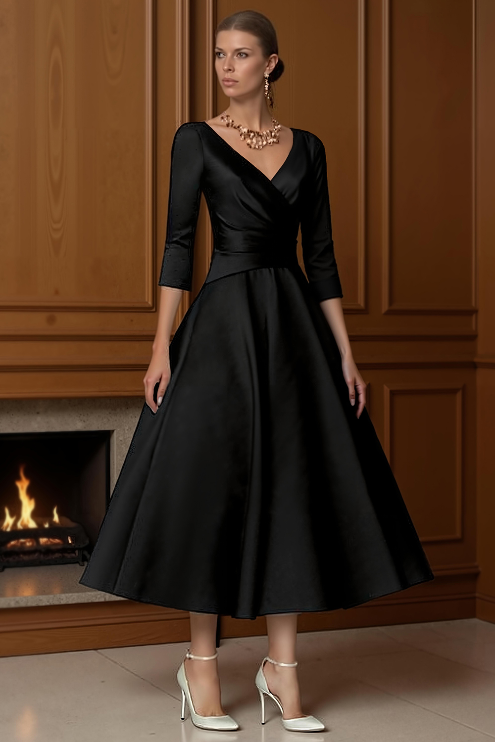 Champagne A-Line Ankle-Length Satin Mother of the Bride Dress with Sleeves