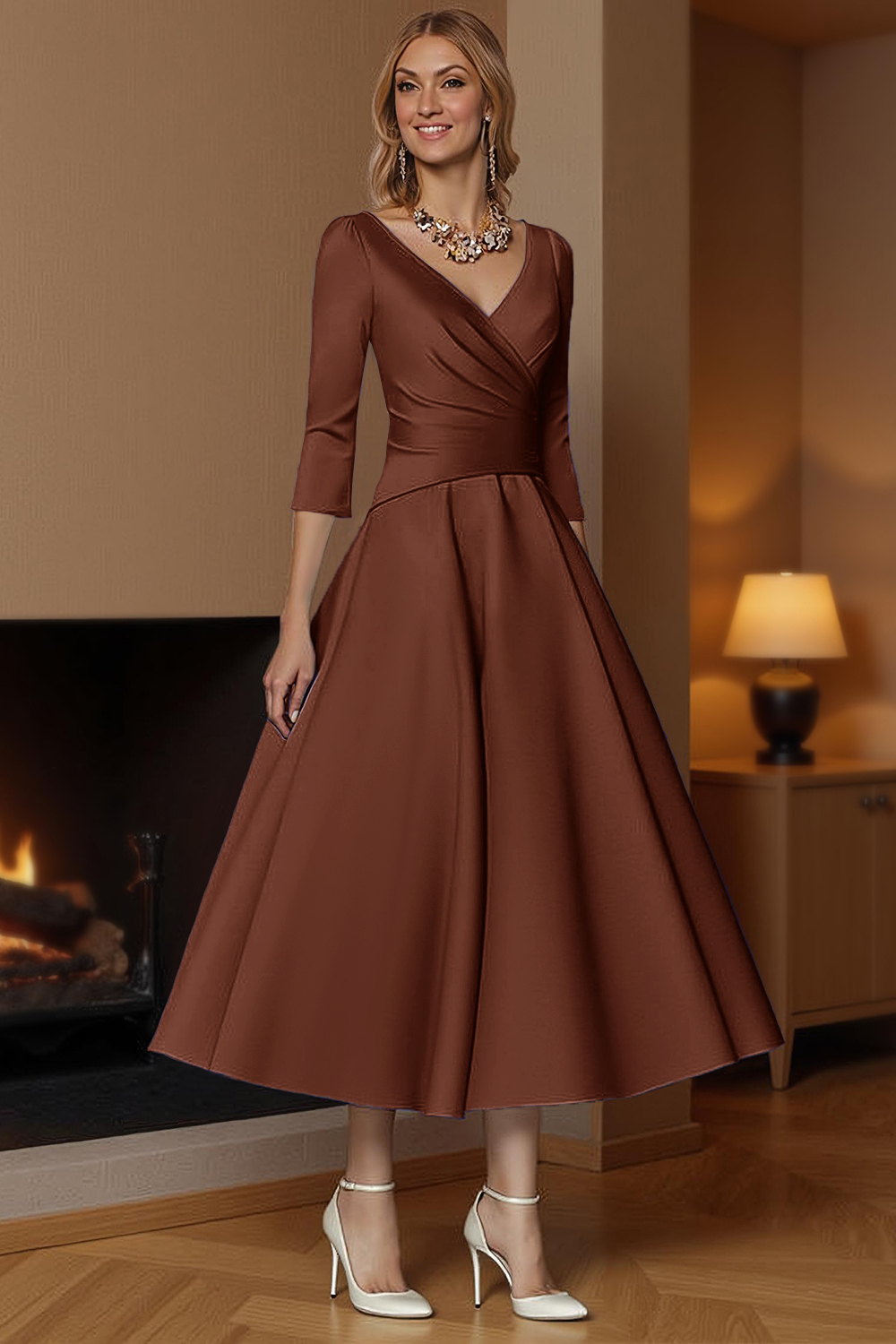 Champagne A-Line Ankle-Length Satin Mother of the Bride Dress with Sleeves