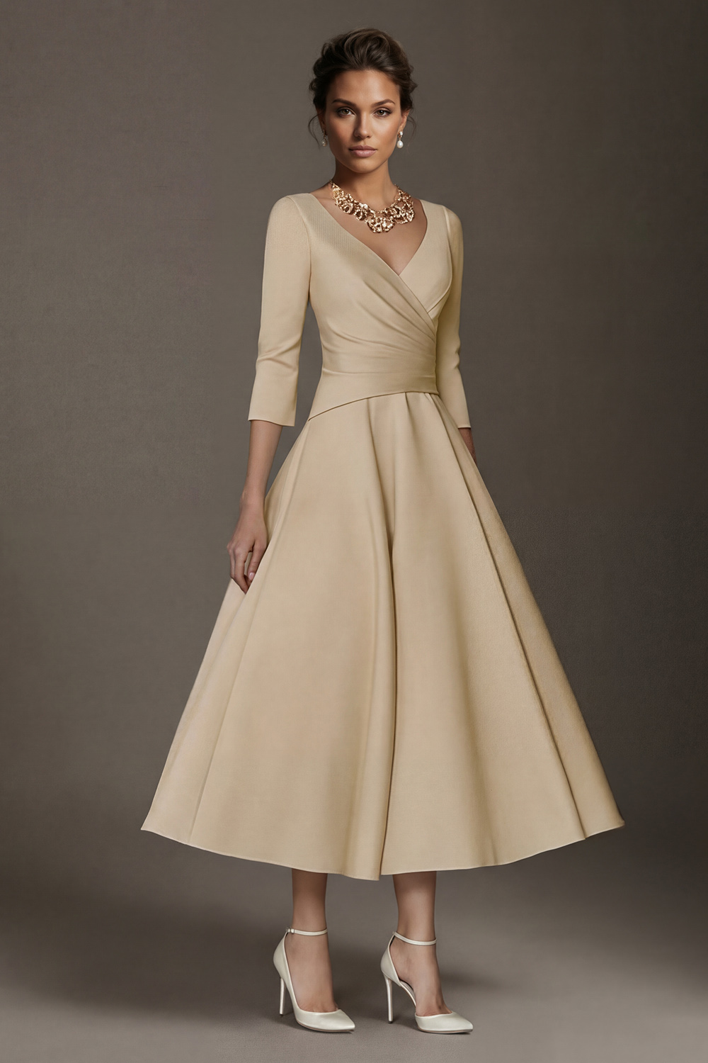 Champagne A-Line Ankle-Length Satin Mother of the Bride Dress with Sleeves