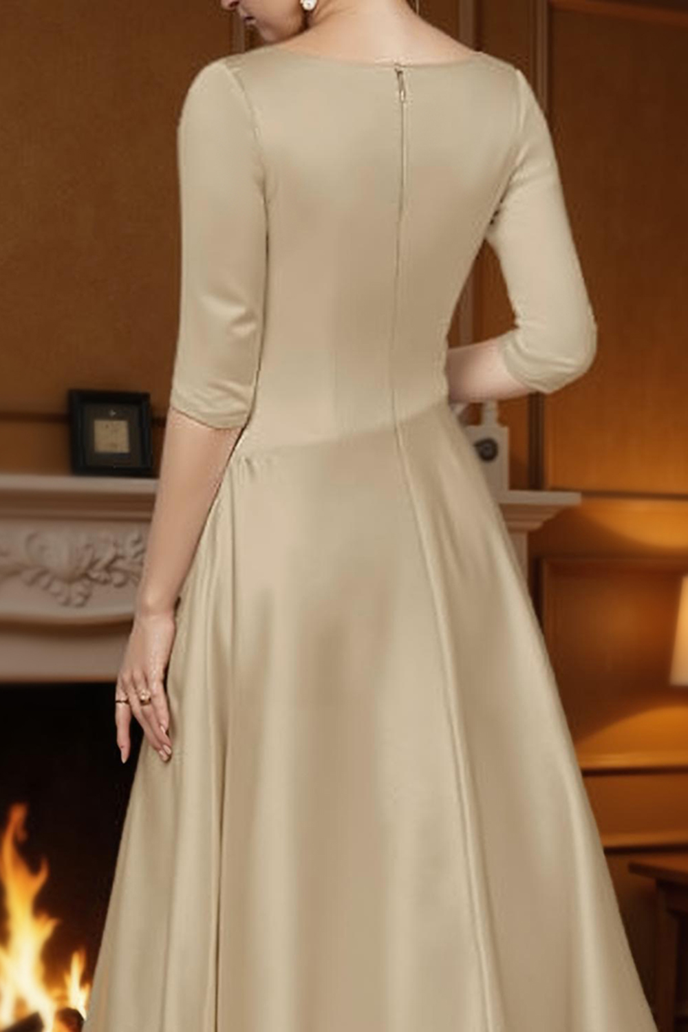 Champagne A-Line Ankle-Length Satin Mother of the Bride Dress with Sleeves