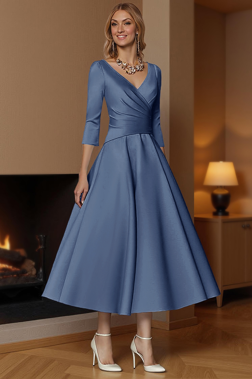 Champagne A-Line Ankle-Length Satin Mother of the Bride Dress with Sleeves