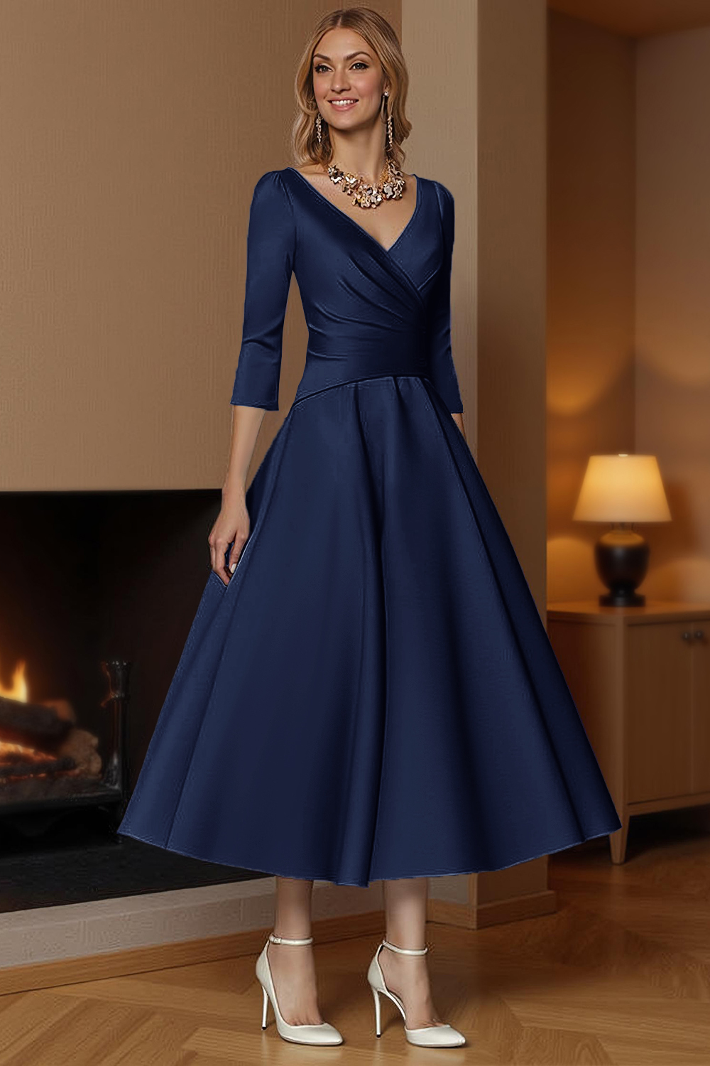 Champagne A-Line Ankle-Length Satin Mother of the Bride Dress with Sleeves