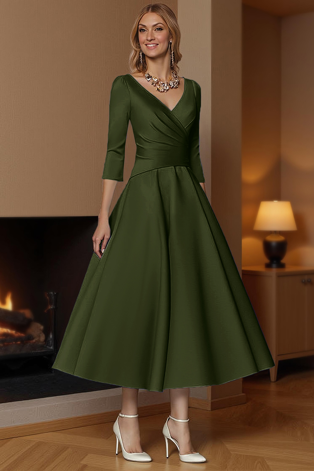 Champagne A-Line Ankle-Length Satin Mother of the Bride Dress with Sleeves