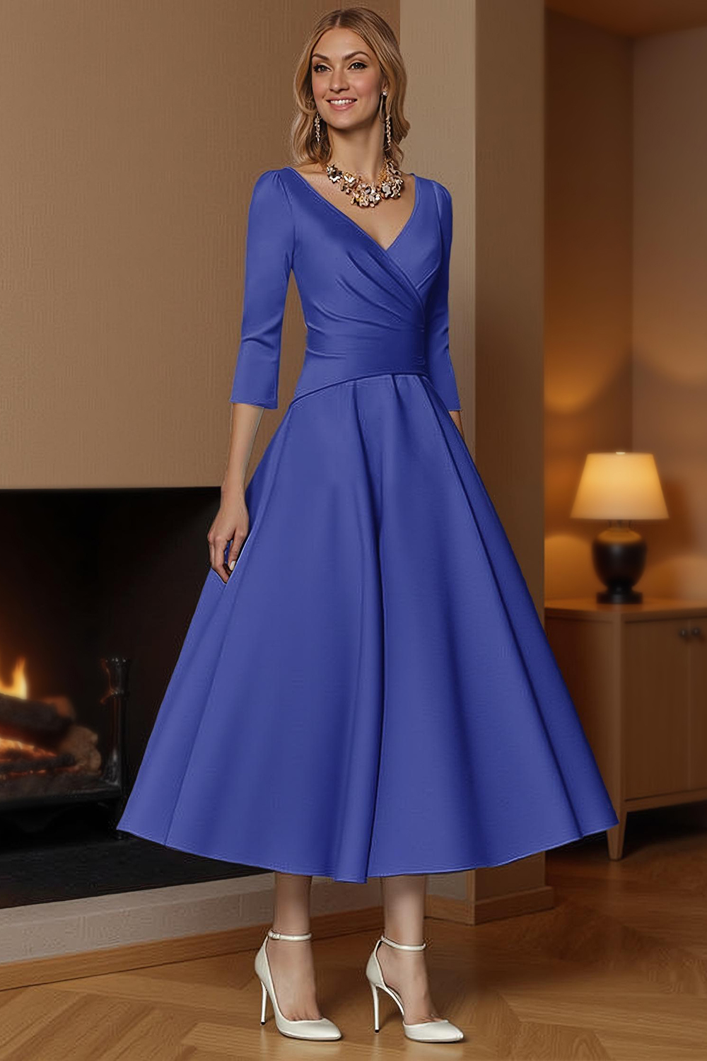 Champagne A-Line Ankle-Length Satin Mother of the Bride Dress with Sleeves
