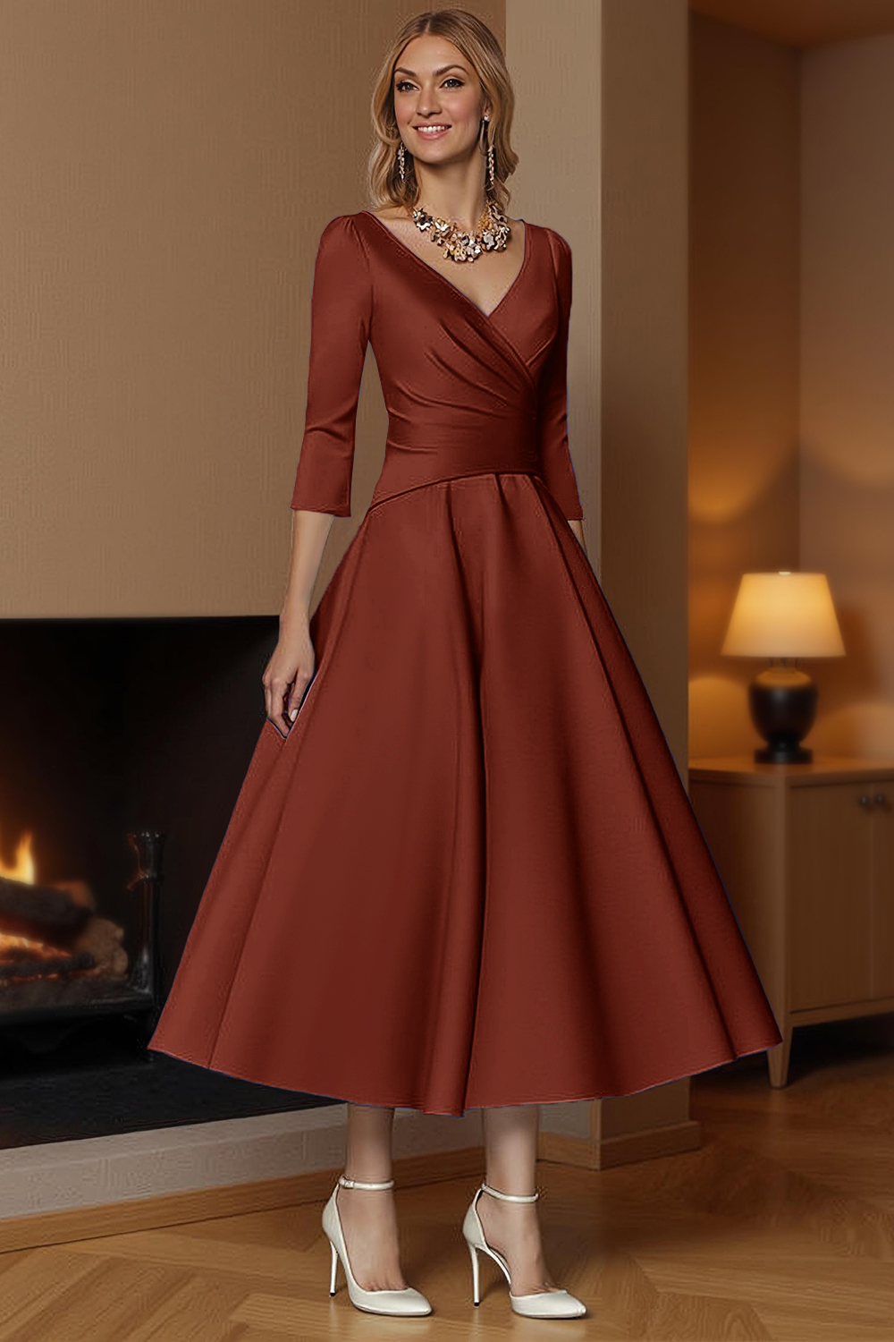 Champagne A-Line Ankle-Length Satin Mother of the Bride Dress with Sleeves