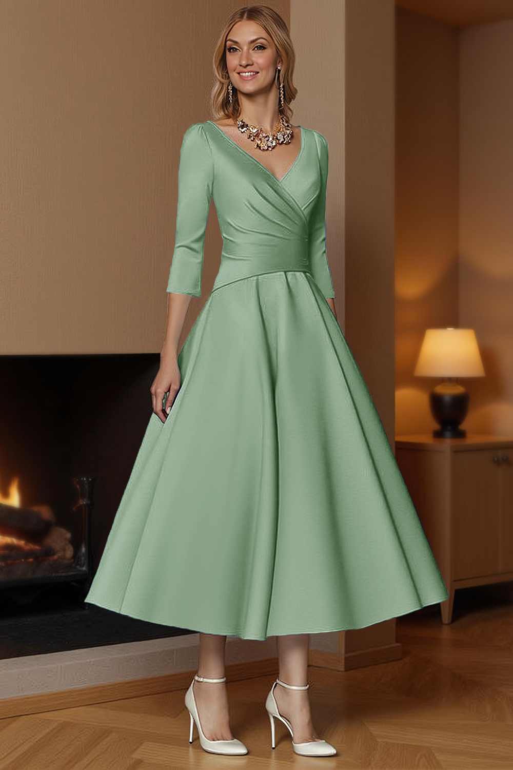 Champagne A-Line Ankle-Length Satin Mother of the Bride Dress with Sleeves