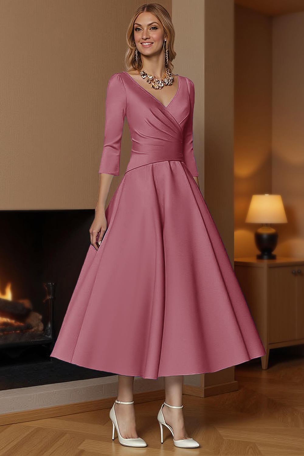 Champagne A-Line Ankle-Length Satin Mother of the Bride Dress with Sleeves