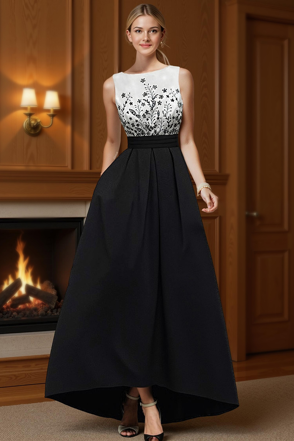 White and Black Floral Satin A-Line Floor-Length Mother of the Bride Dress