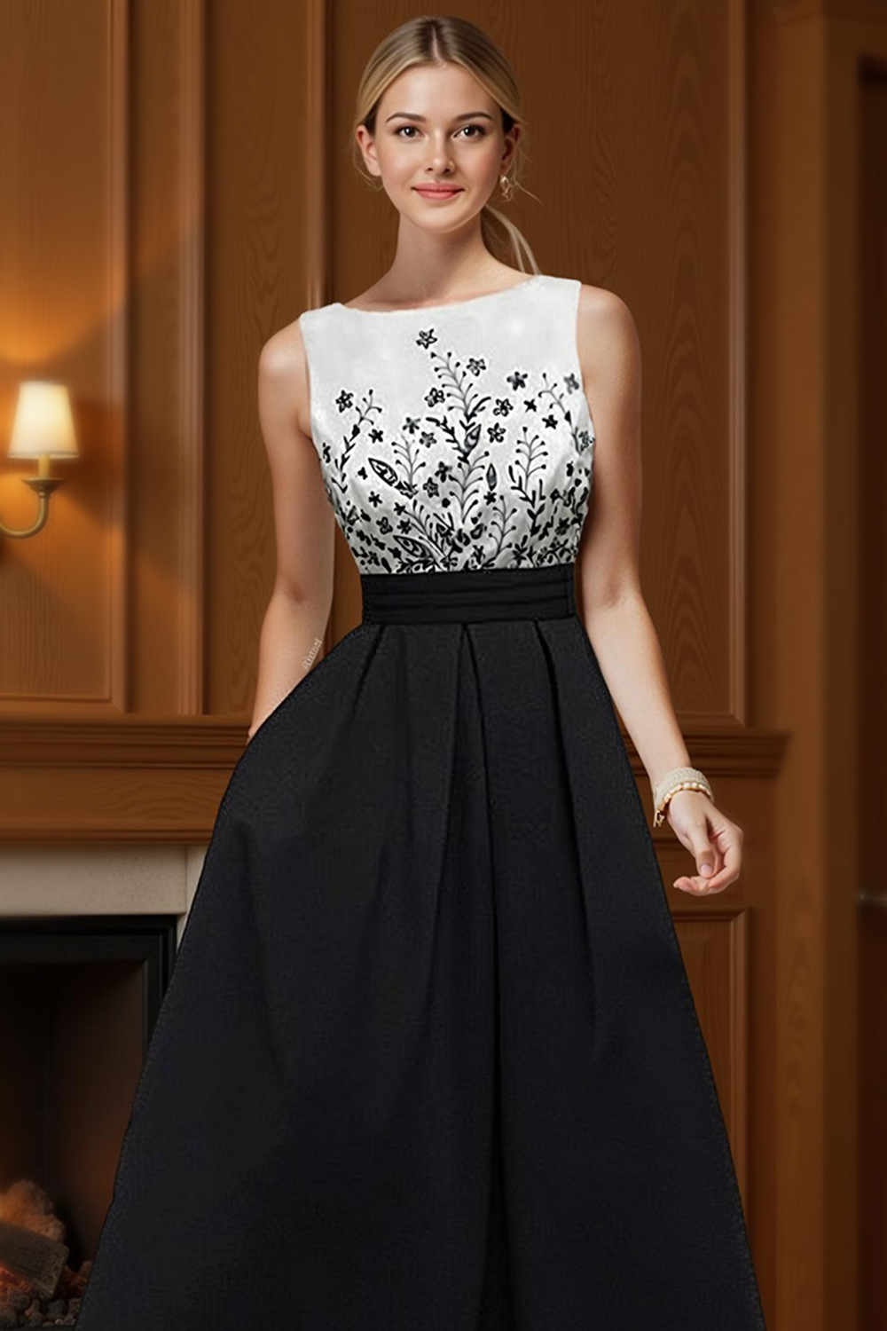 White and Black Floral Satin A-Line Floor-Length Mother of the Bride Dress