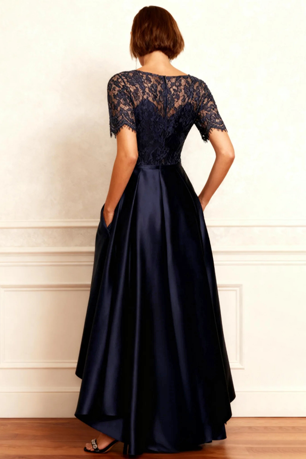 Navy Satin A Line Boat Neck High-Low Mother of the Bride Dress with Lace