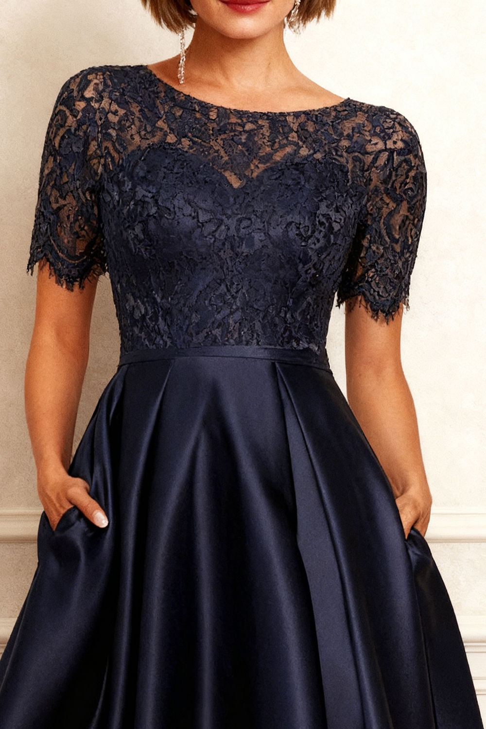 Navy Satin A Line Boat Neck High-Low Mother of the Bride Dress with Lace