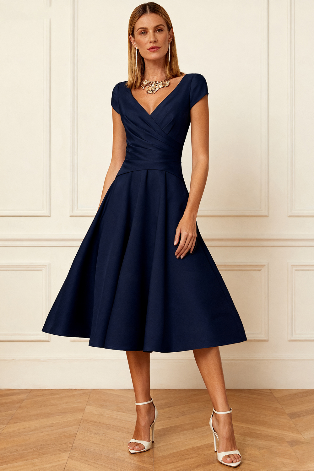 Navy A Line Satin V-Neck Knee-Length Mother of the Bride Dress with Sleeves