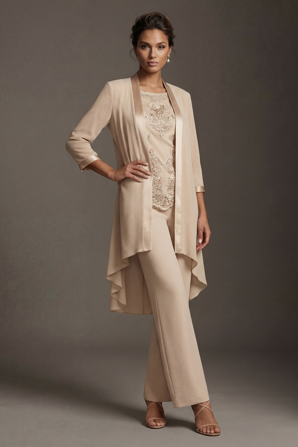 Apricot Embroidered Round Neck 3 Piece Mother of the Bride Pant Suits with Jacket