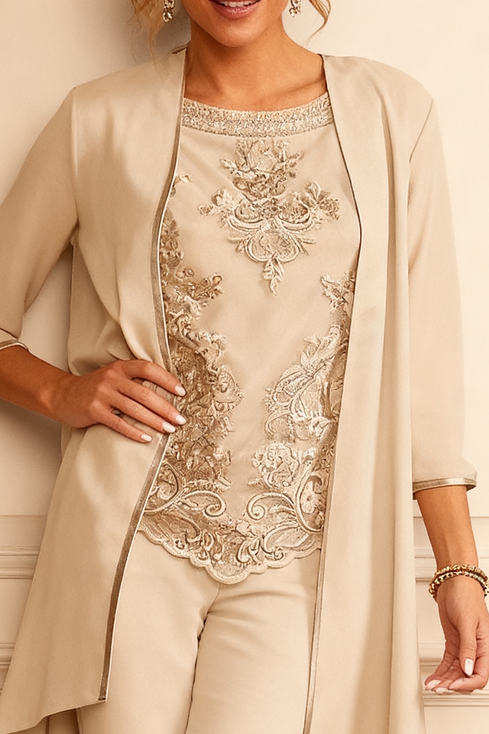 3-Piece Apricot Round Neck Mother of the Bride Pant Suits with Jacket