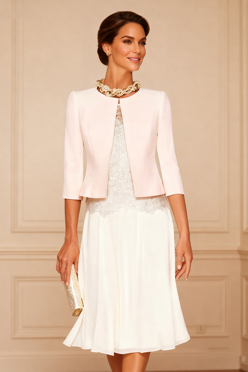 2-Piece Light Pink Lace Round Neck Knee-Length Mother of the Bride Dress with Jacket