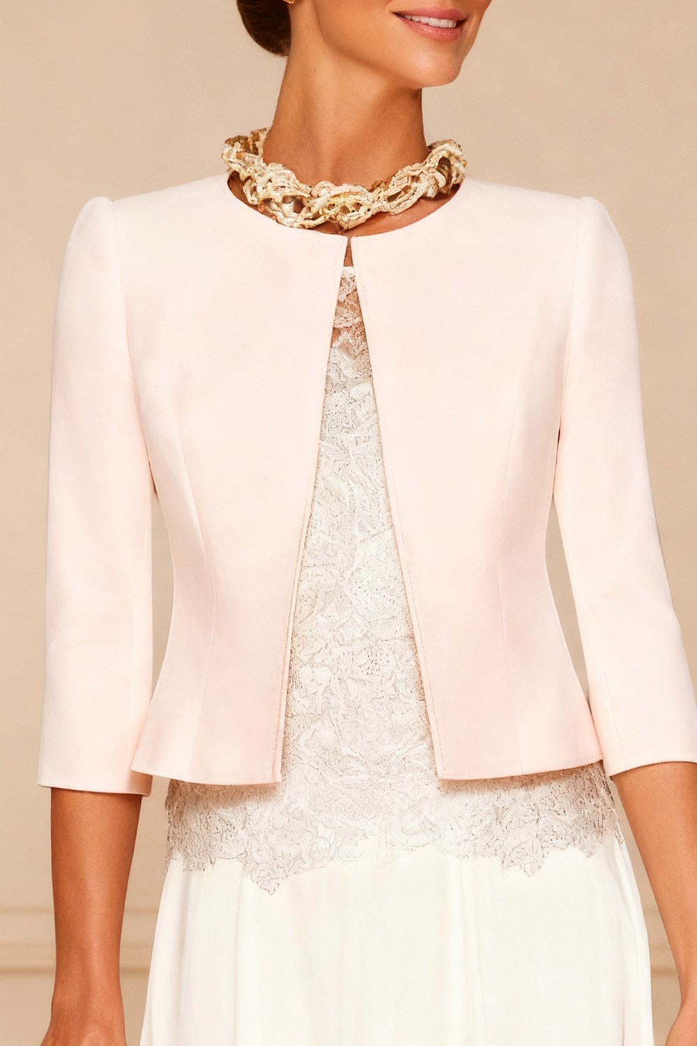 2-Piece Light Pink Lace Round Neck Knee-Length Mother of the Bride Dress with Jacket