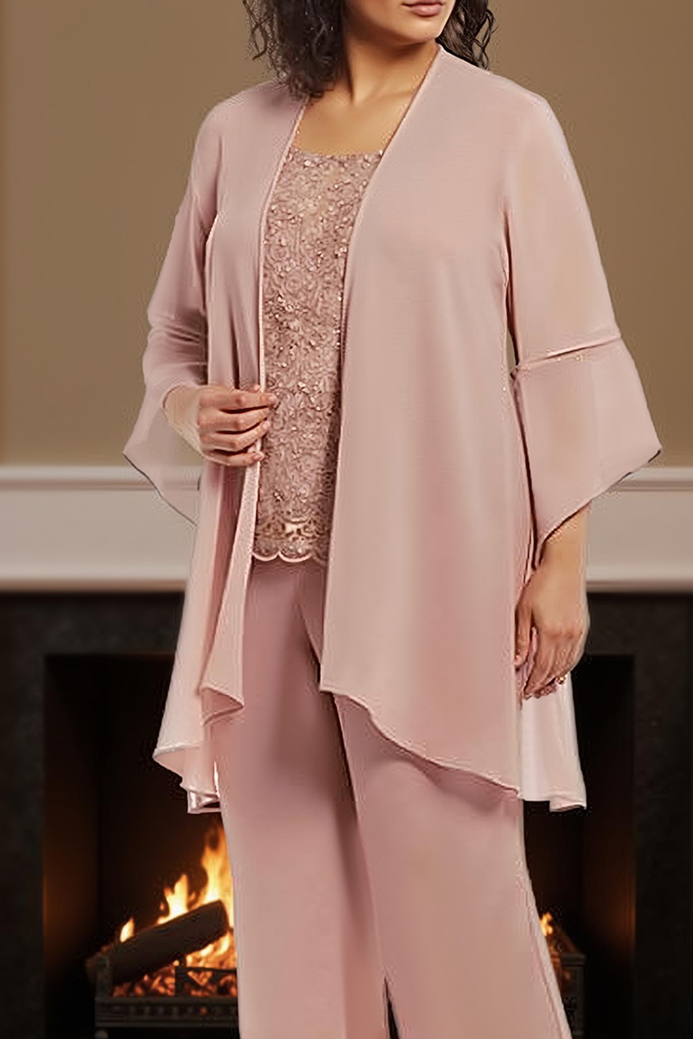 Dusty Rose Round Neck Chiffon 3-Piece Mother of the Bride Pant Suits with Lace