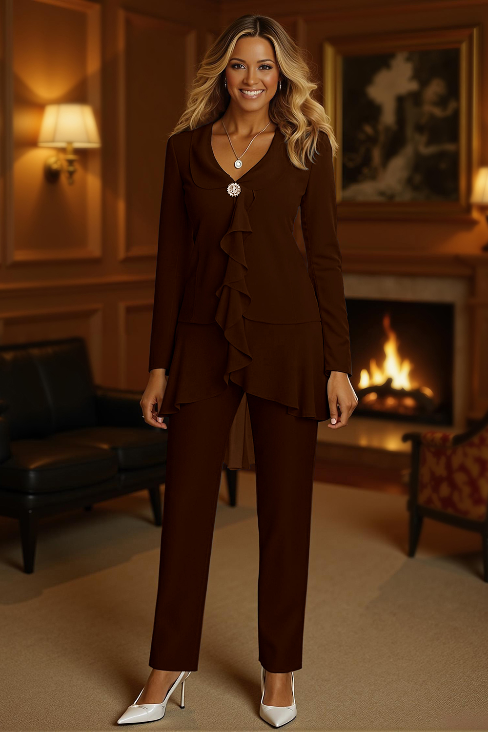 Navy V-Neck Ruffled Chiffon 2-Piece Mother of the Bride Pant Suits with Sleeves