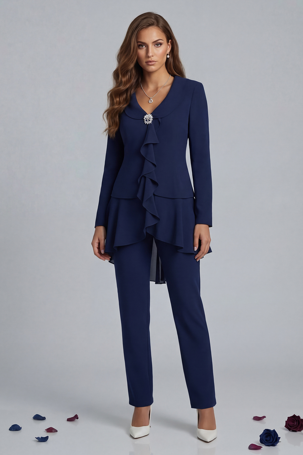 Navy V-Neck Ruffled Chiffon 2 Piece Mother of the Bride Pant Suits with Sleeves