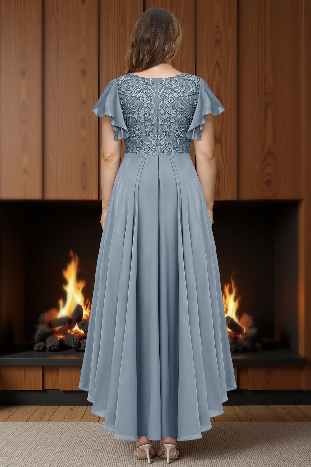 Dusty Blue Ruffled Sheath Chiffon Ankle-Length Plus Size Mother of the Bride Dress