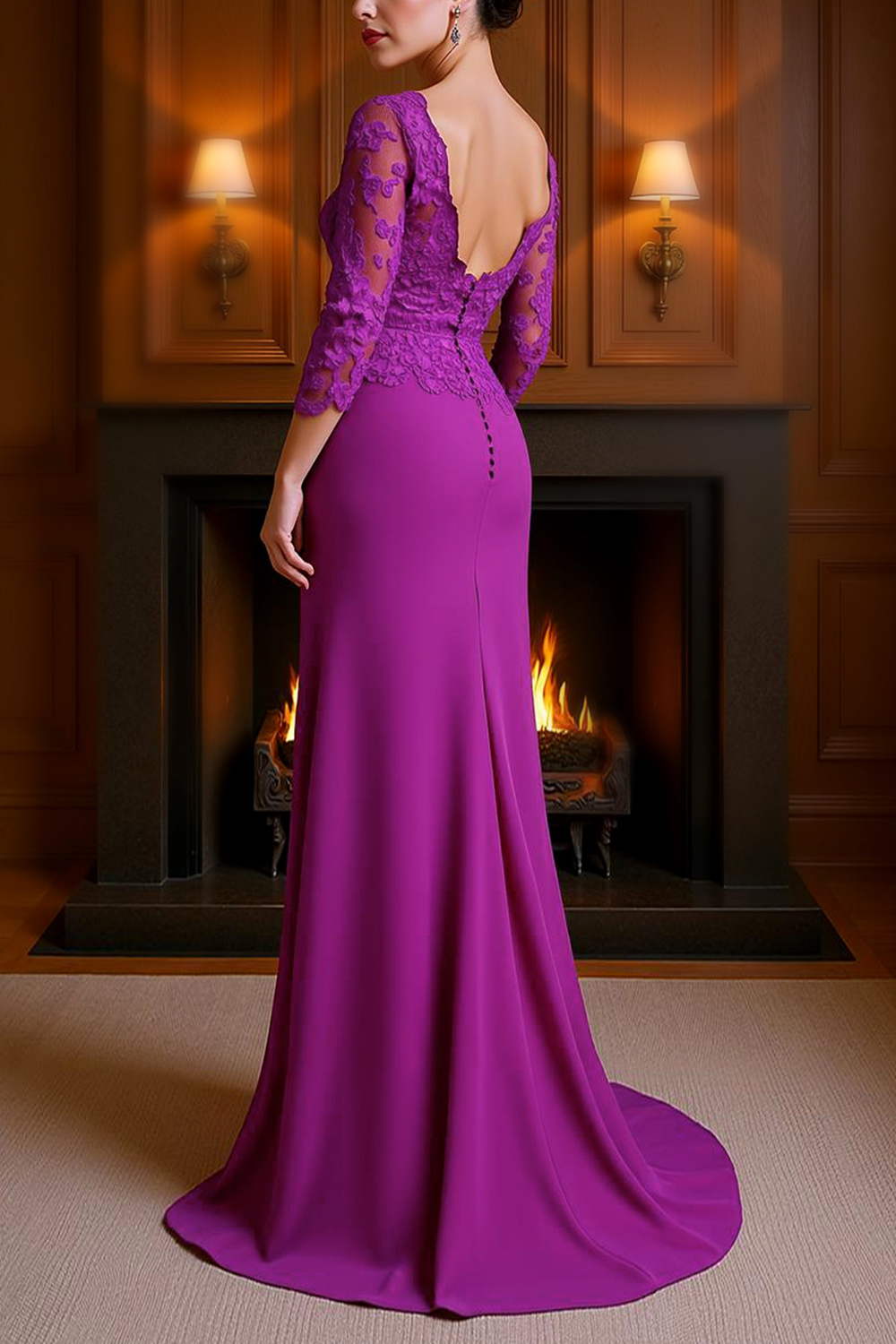 Fuchsia Mermaid Satin Floor-Length Mother of the Bride Dress with Lace