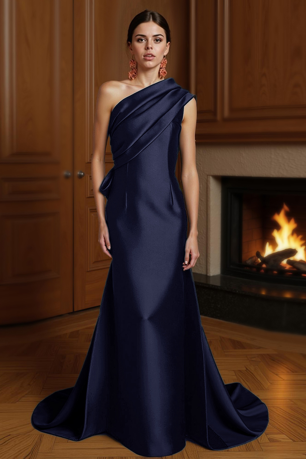 Champagne Satin One Shoulder Mermaid Floor-Length Mother of the Bride Dress