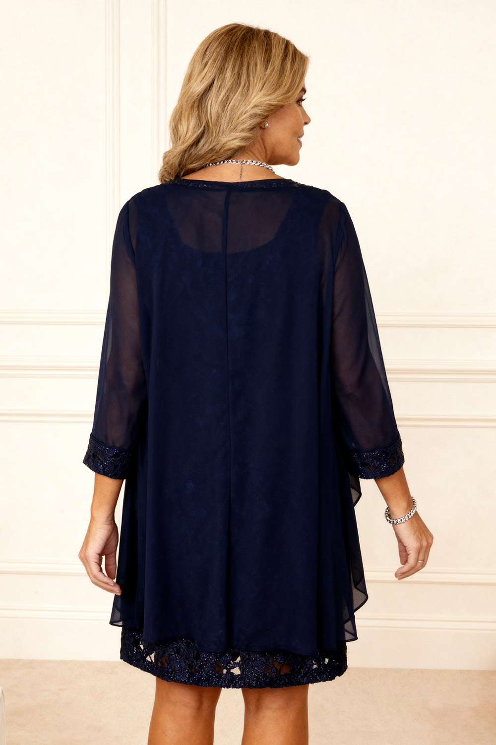 2-Piece Sparkly Navy Beaded Round Neck Knee-Length Mother of the Bride Dress with Jacket