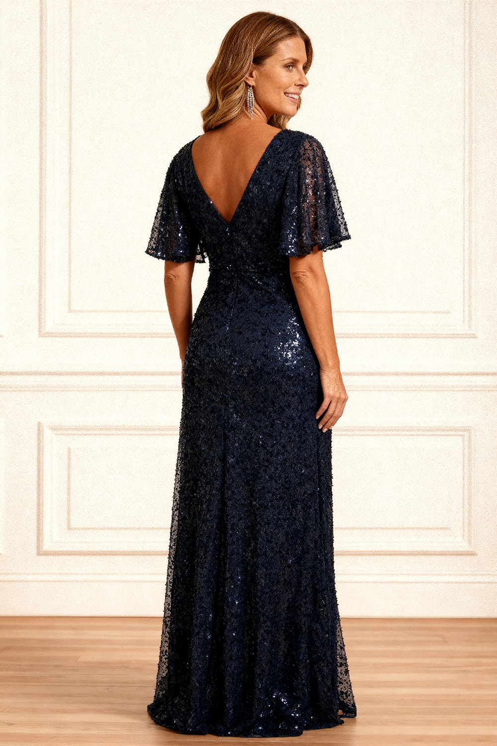 Sparkly Navy Lace Sheath Floor-Length Mother of the Bride Dress with Sleeves
