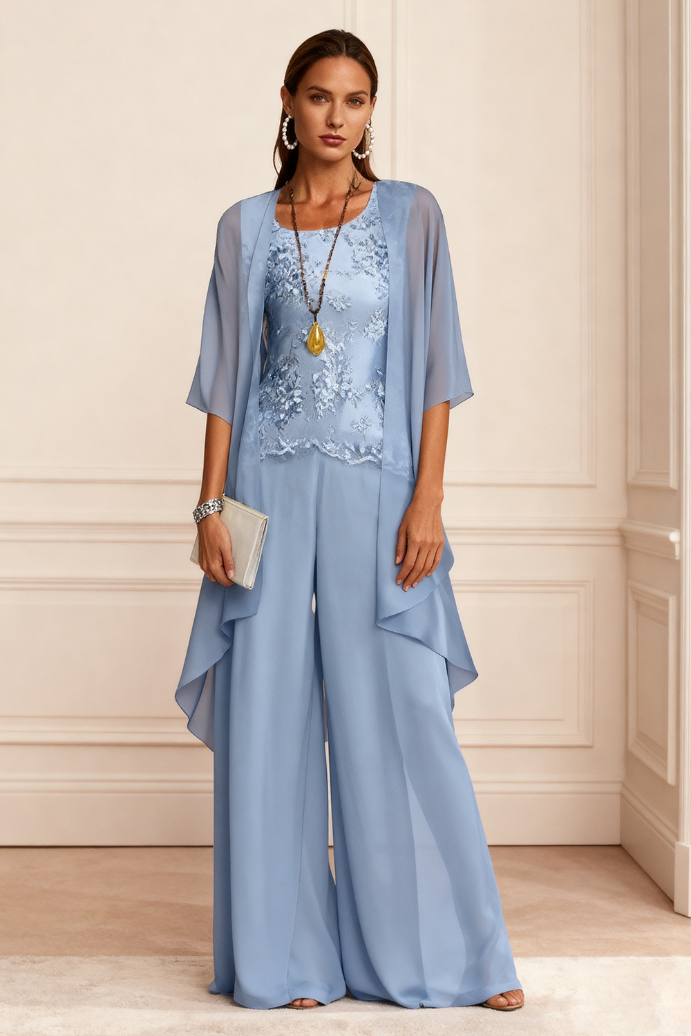 Homrain Women Dusty Blue Chiffon 3 Piece Mother of the Bride Pant Suits with Jacket Appliqued Round Neck Mother of the Groom Pant Suits with Sleeves