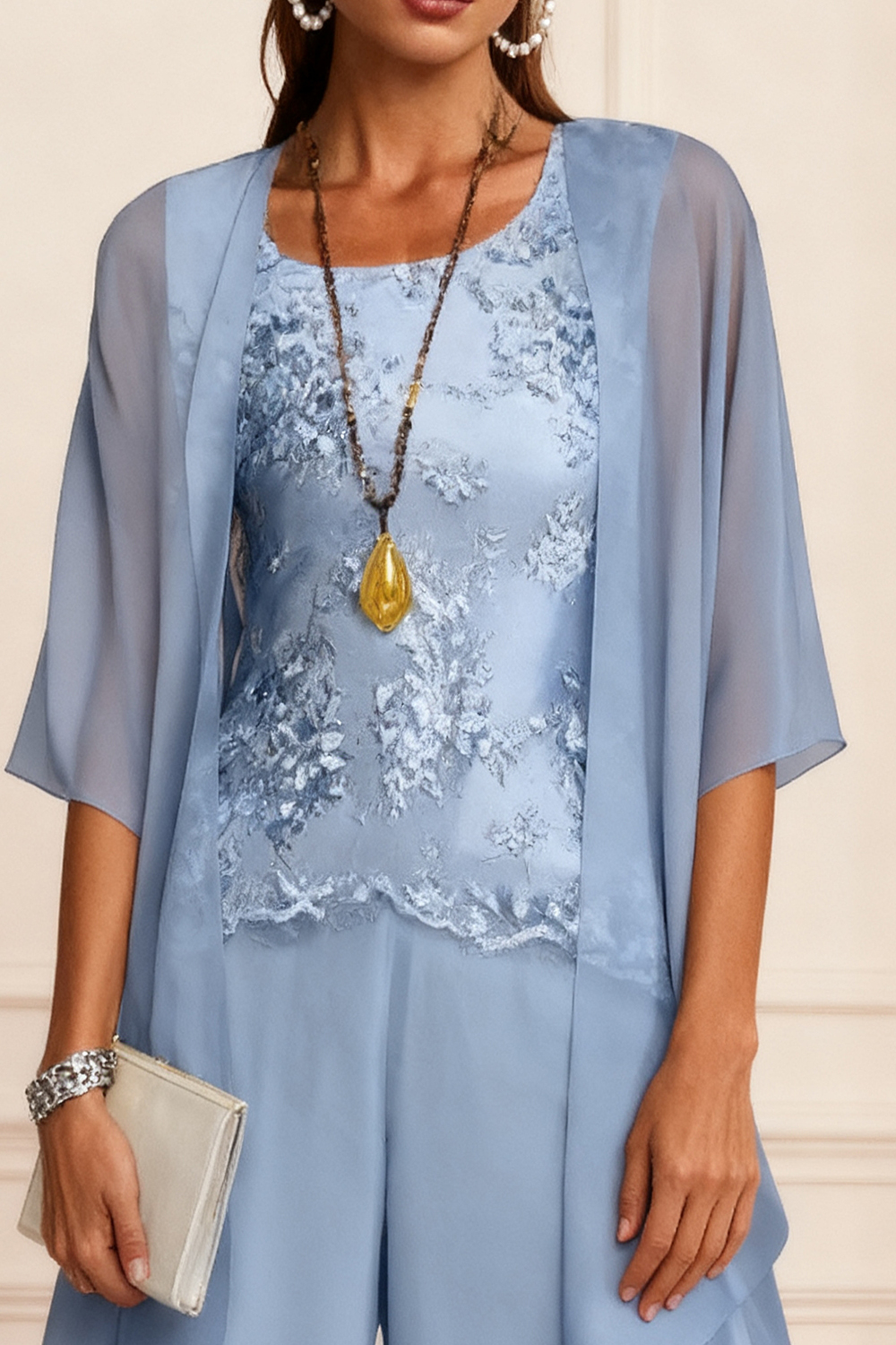 3-Piece Dusty Blue Round Neck Chiffon Mother of the Bride Pant Suits with Jacket