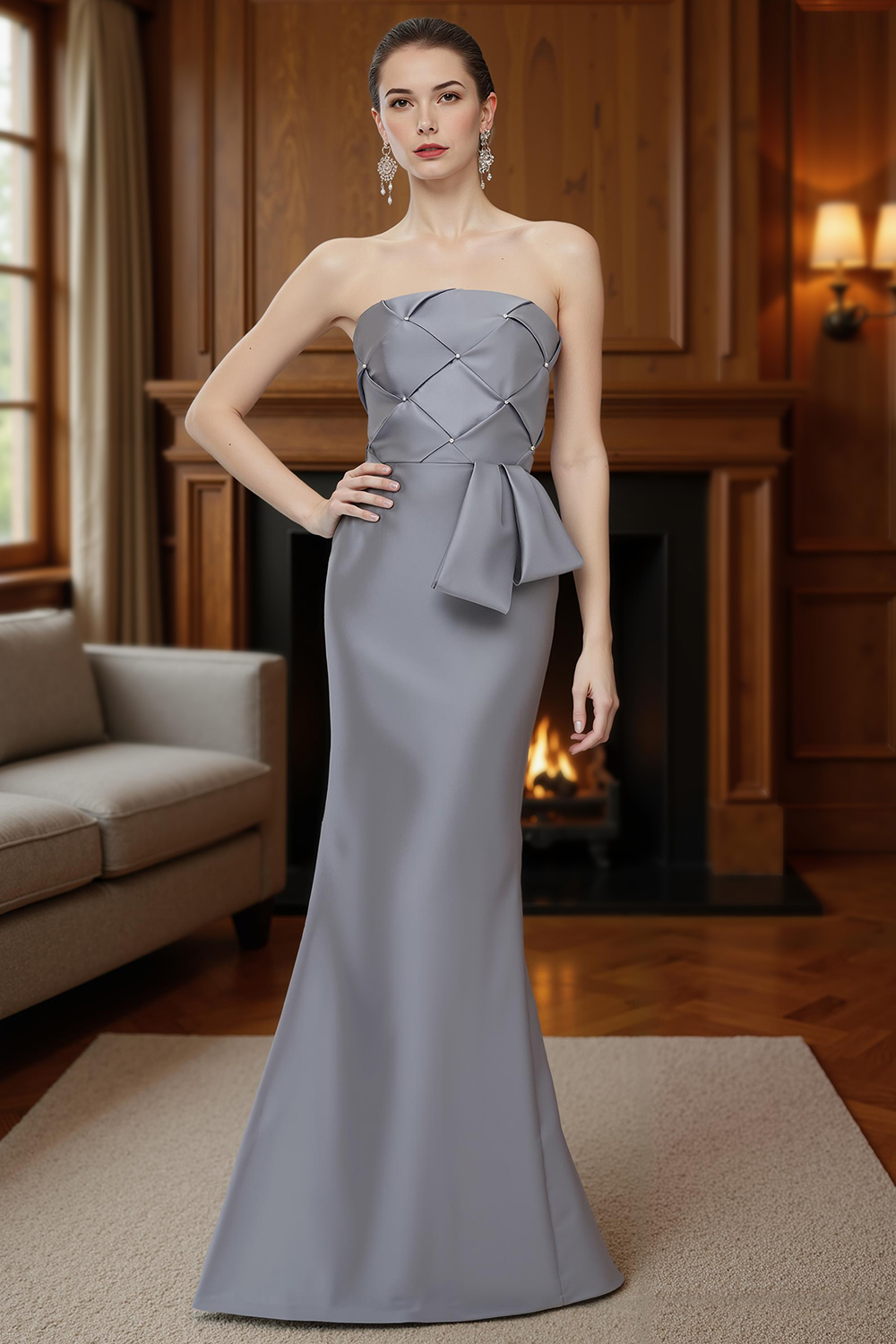 Sparkly Silver Strapless Mermaid Floor-Length Satin Mother of the Bride Dress