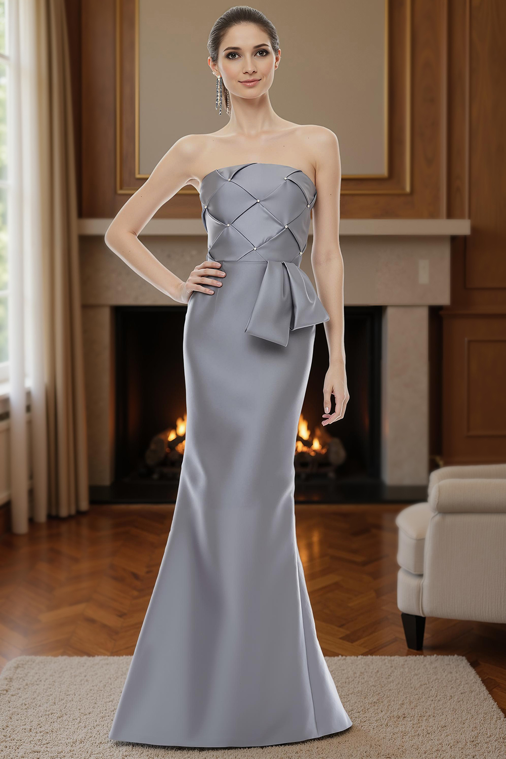 Sparkly Silver Strapless Mermaid Floor-Length Satin Mother of the Bride Dress
