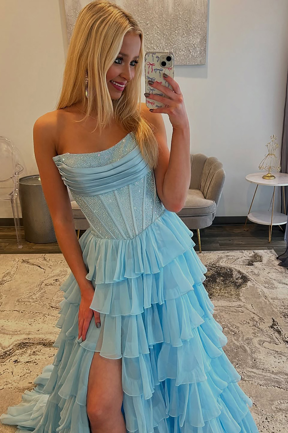 Sparkly Navy A Line Strapless Corset Long Chiffon Prom Dress